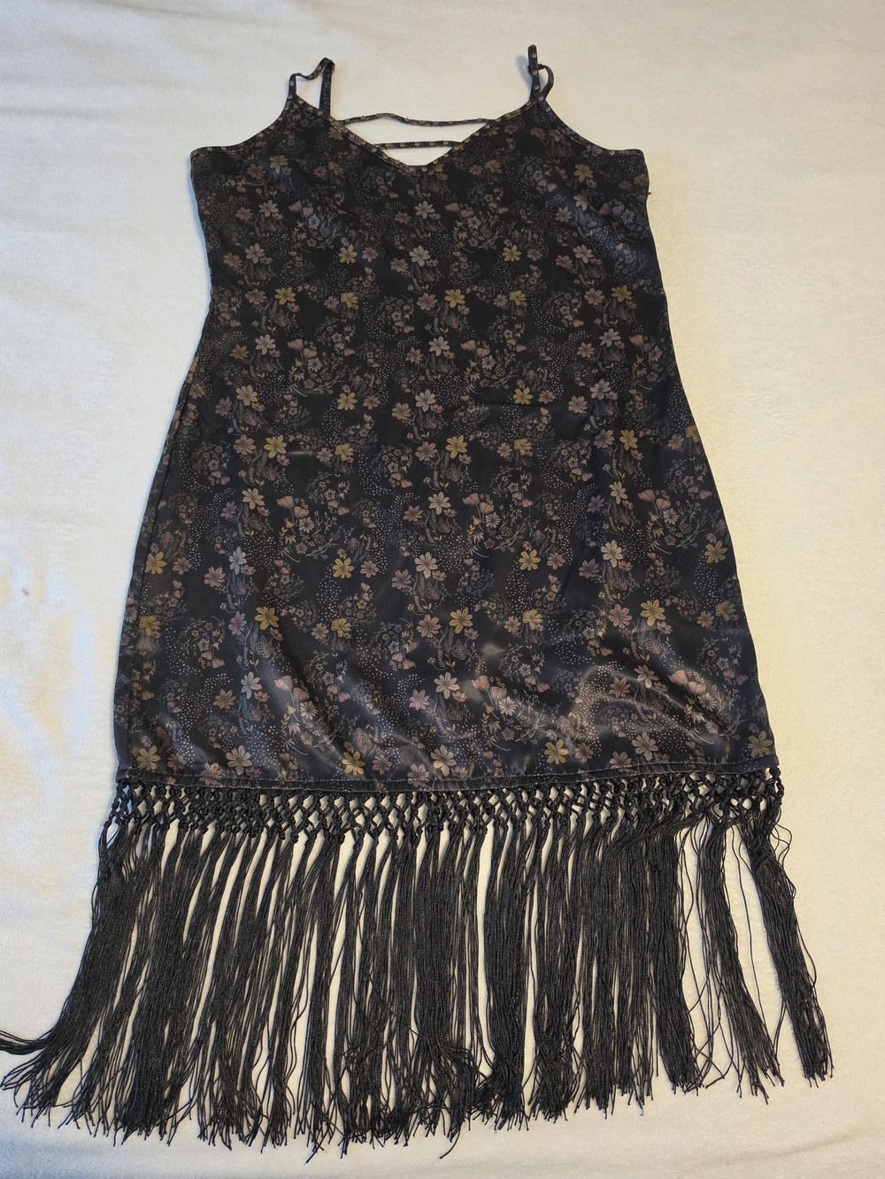 Idyllwind Black Floral Silk Slip Dress With Fringe L